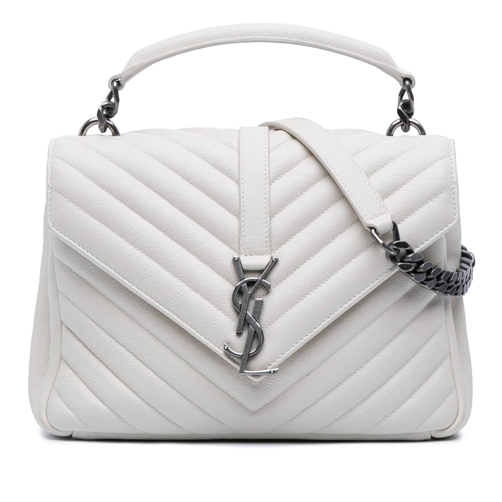 Saint Laurent College Satchel Medium Quilted Leather Bag with Chain Strap: Saint Laurent College Satchel Medium Quilted Leather Bag with Chain Strap This Saint Laurent Medium Chevron Sheepskin Monogram College Satchel features a quilted leather body in white, a rolled leathe