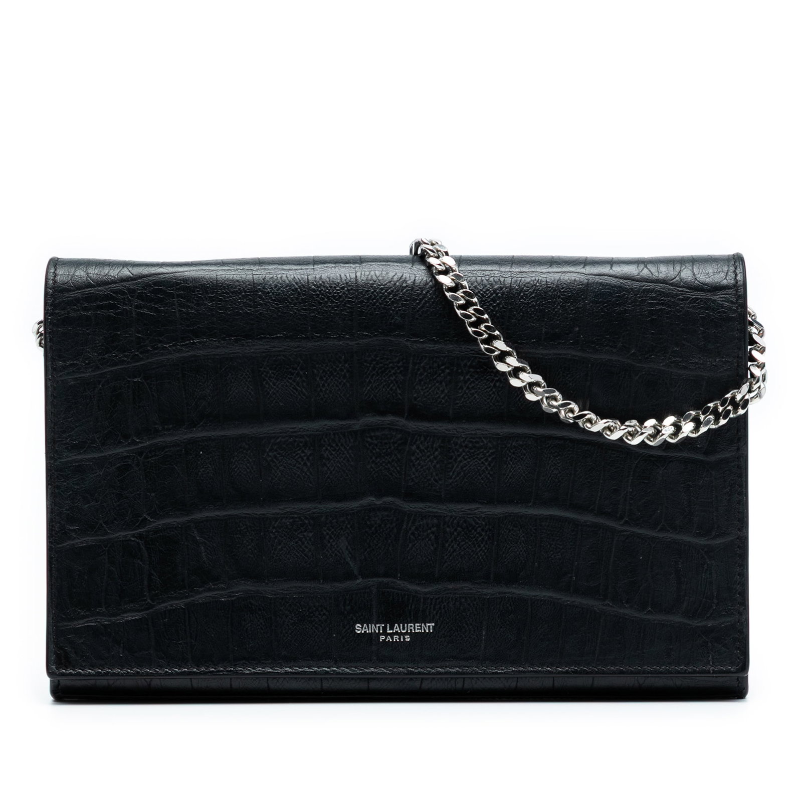Saint Laurent Black Croc Embossed Leather Wallet On Chain (1 of 6)