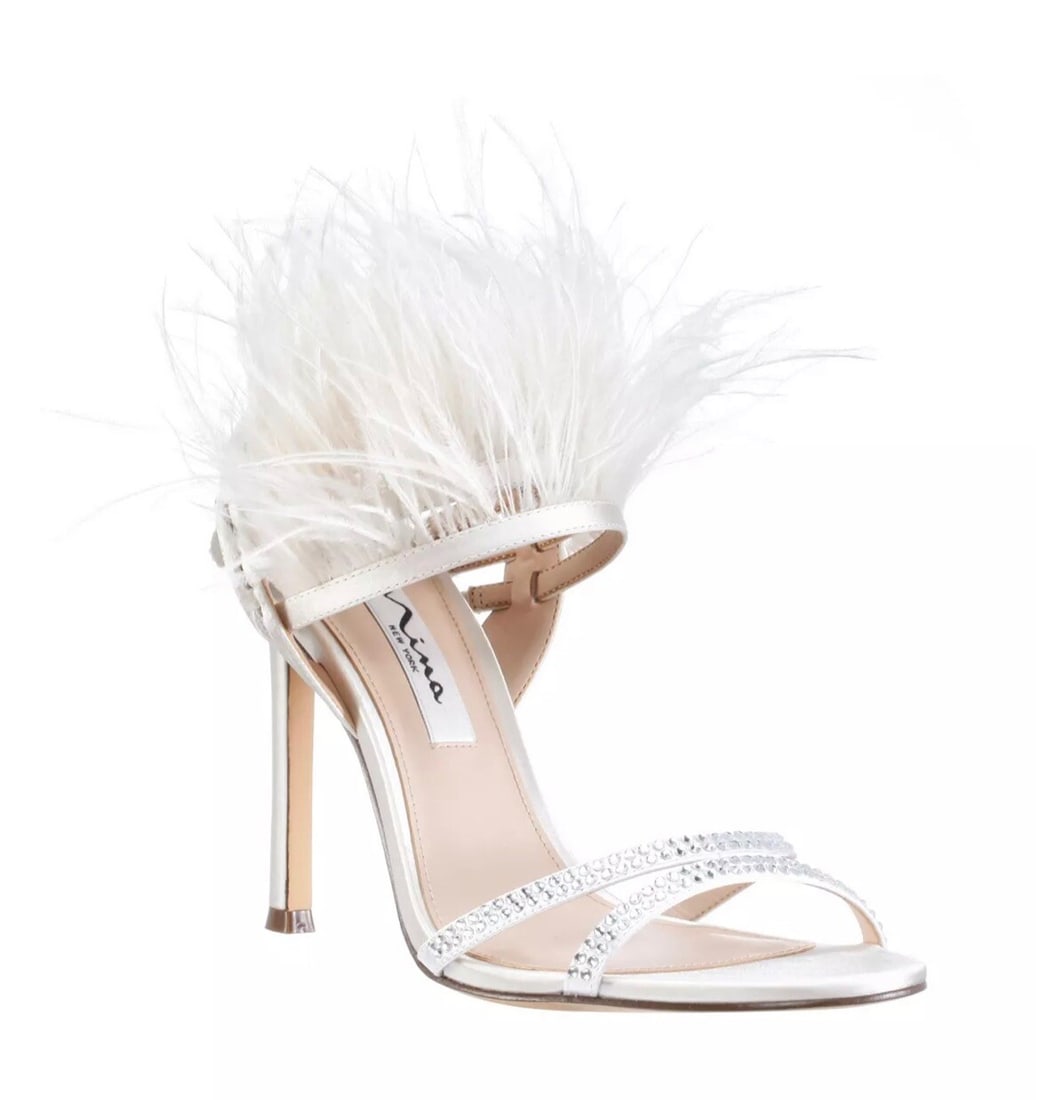 NINA Dalva Ivory Crystal Satin Feather Stiletto Heels 4" Women's 8: NINA Dalva Ivory Crystal Satin Feather Stiletto Heels 4" Women's 8 Elevate your style with the NINA Women's Dalva Feather Dress Sandal Heels in Ivory Crystal Satin. These stunning pumps feature a vint
