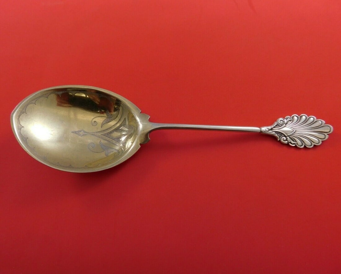 Gorham Grecian Sterling Silver 9 Inch Gold Washed Berry Spoon: Gorham Grecian Sterling Silver 9 Inch Gold Washed Berry Spoon This exquisite Grecian pattern serving spoon by Gorham is a stunning example of craftsmanship from the 19th century. Made from sterling si