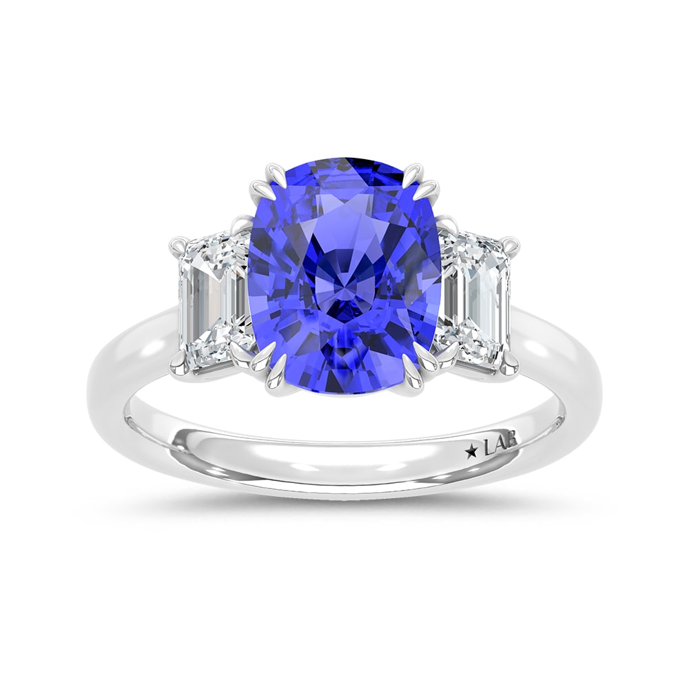 14K White Gold Lab Grown Diamond 4 Ct.Tw. Cushion Shape Recrystalized Blue Sapphire Engagement Ring: 14K White Gold Lab Grown Diamond 4 Ct.Tw. Cushion Shape Recrystalized Blue Sapphire Engagement Ring (Center 3 ct) Radiate elegance with this 14K white gold engagement ring. Its centerpiece is a dazzli