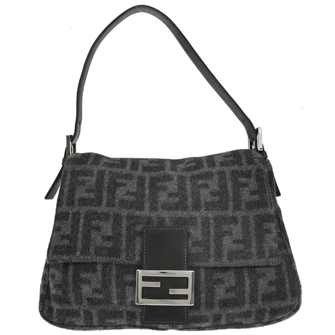Fendi Mamma Baguette Gray Cashmere Shoulder Bag with Logo Accent: Fendi Mamma Baguette Gray Cashmere Shoulder Bag with Logo Accent This Fendi Mamma Baguette handbag features a luxurious gray cashmere exterior with a signature logo accent. Designed for women, it offe