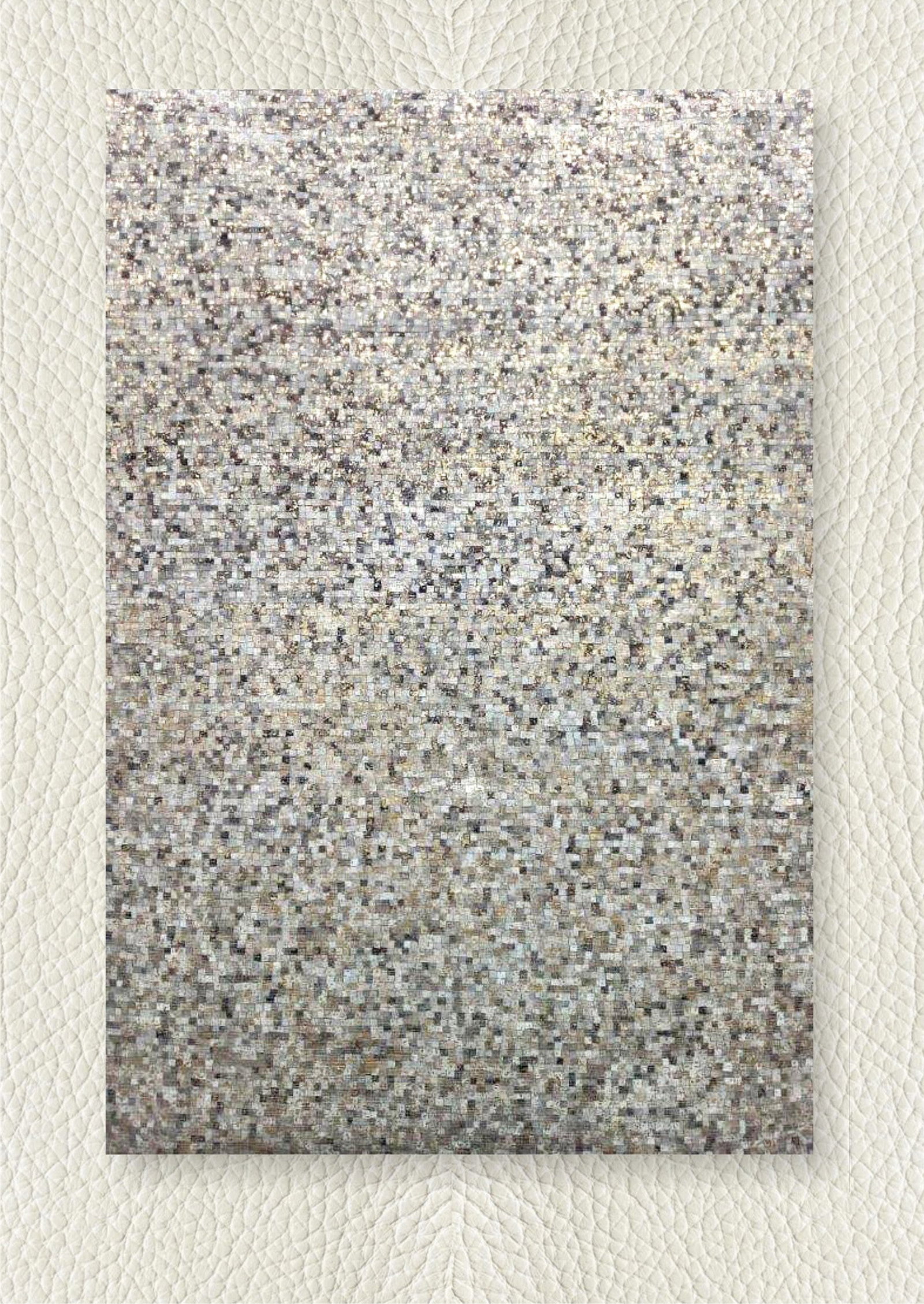 Handcrafted Metallic Mosaic Rug in Genuine Hair On Leather Grey Gold 3FT x 5FT: Handcrafted Metallic Mosaic Rug in Genuine Hair On Leather Grey Gold 3FT x 5FT Free continental US Shipping This handcrafted rug features a dynamic metallic mosaic pattern, expertly crafted from premi