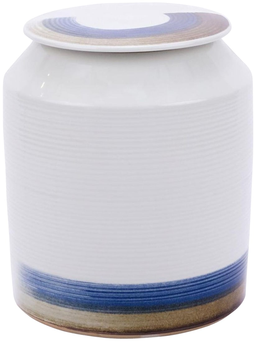 Chinoiserie Blue White Brushstroke Cylinder Jar 12H 13W 13D (1 of 3)