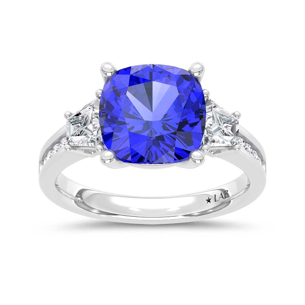 14K White Gold Lab Grown Diamond 5 1/4 Ct.Tw. Cushion Shape Recrystalized Blue sapphire Engagement: 14K White Gold Lab Grown Diamond 5 1/4 Ct.Tw. Cushion Shape Recrystalized Blue sapphire Engagement Ring (Center 4 1/2 ct) Make a statement of elegance with this 14K white gold engagement ring, featuri