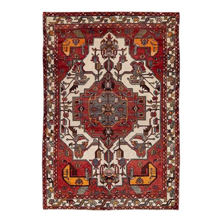 Vintage Persian Red Medallion Handmade Wool Rug 4'0 x 6'4: Vintage Persian Red Medallion Handmade Wool Rug 4'0 x 6'4 This exquisite vintage Persian hand-knotted wool rug features a striking red field adorned with a multi-color geometric medallion design throu