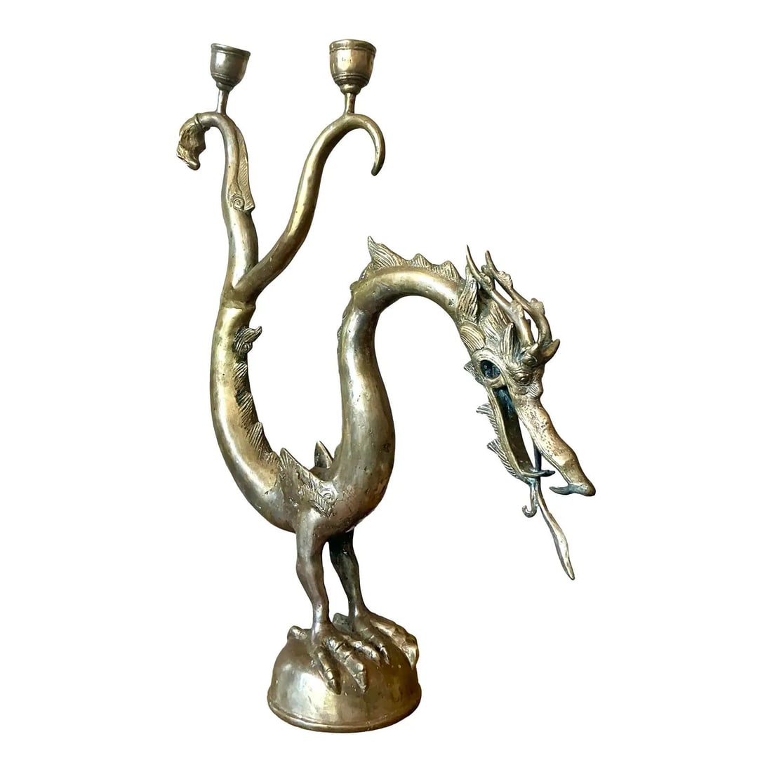 Monumental Brass Dragon Two-Light Candelabra Chinoiserie Sculptural Decor: Monumental Brass Dragon Two-Light Candelabra Chinoiserie Sculptural Decor This monumental vintage brass candelabra features a sculptural Asian dragon motif, intricately cast with detailed scales and f