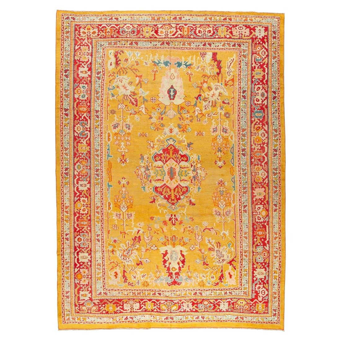Antique Turkish Ghiordes Rug 9'10 x 13'10 Sunny Yellow Wool Hand-Woven: Antique Turkish Ghiordes Rug 9'10 x 13'10 Sunny Yellow Wool Hand-Woven Introducing a stunning early 20th-century Turkish Ghiordes rug, featuring a vibrant sunny yellow field beautifully accented with