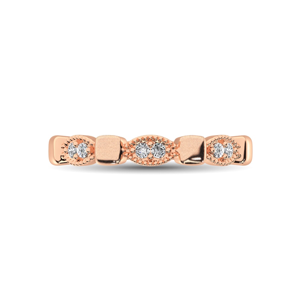 14K Rose Gold 1/10 Ct.Tw. Diamond Stackable Band: 14K Rose Gold 1/10 Ct.Tw. Diamond Stackable Band This glamorous ring is available in 14K Rose Gold. There are 6 round diamonds with a total carat weight of 1/10 Ct.Tw. set in a Shared Prong setting. 1