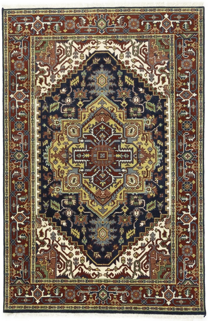 Geometric Hand-Knotted Wool Area Rug 5'10 x 8'10 Modern Farmhouse Decor: Geometric Hand-Knotted Wool Area Rug 5'10 x 8'10 Modern Farmhouse Decor This handmade Heriz Serapi oriental rug features a geometric pattern in dark navy, rusty red, cream, green, buff beige, and rust