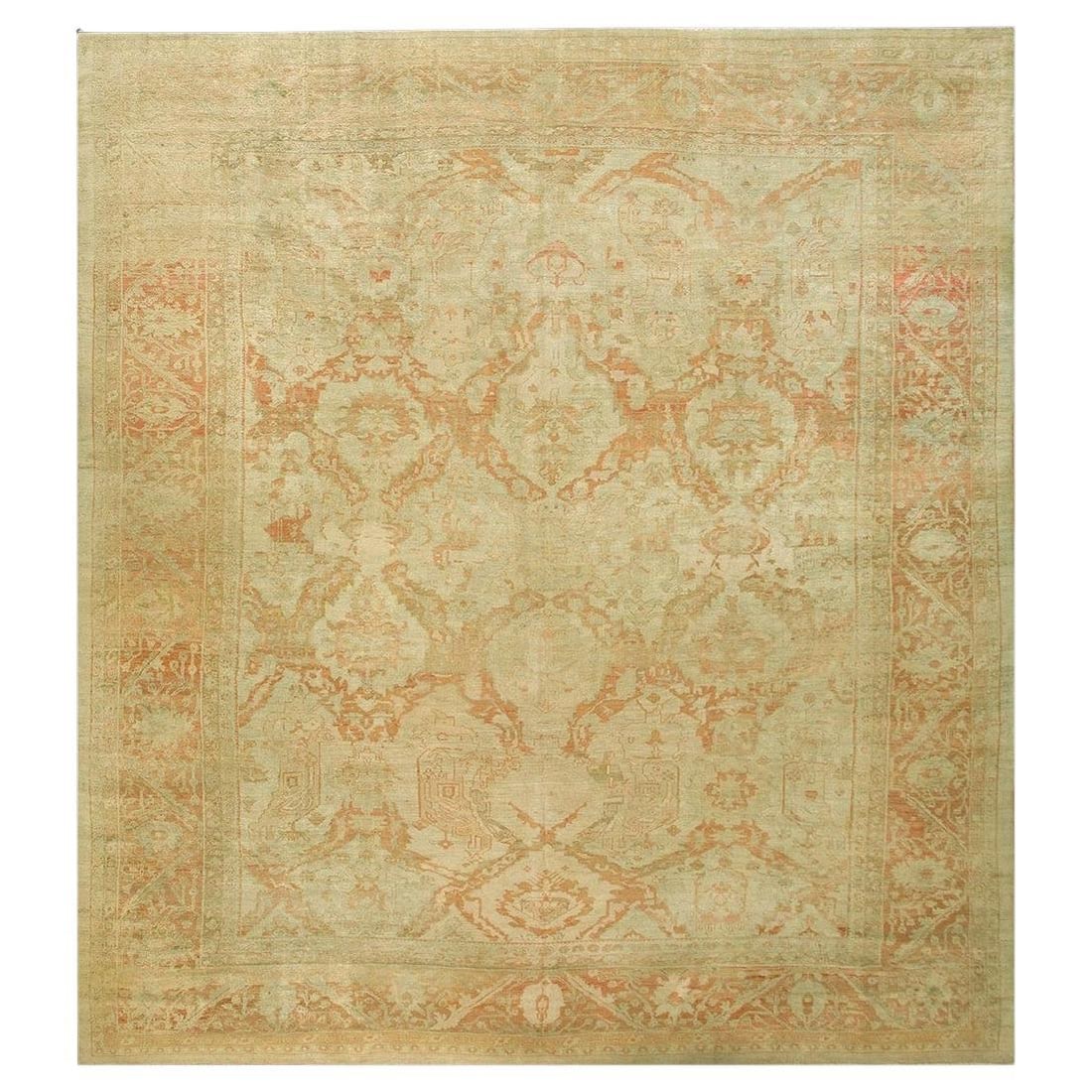Late 19th Century Ziegler Sultanabad Hand-Woven Wool Rug 13'5" x 14'8": Late 19th Century Ziegler Sultanabad Hand-Woven Wool Rug 13'5" x 14'8" Discover the timeless beauty of this late 19th Century Lage Square Ziegler Sultanabad Rug, featuring a stunning pale cream and ap