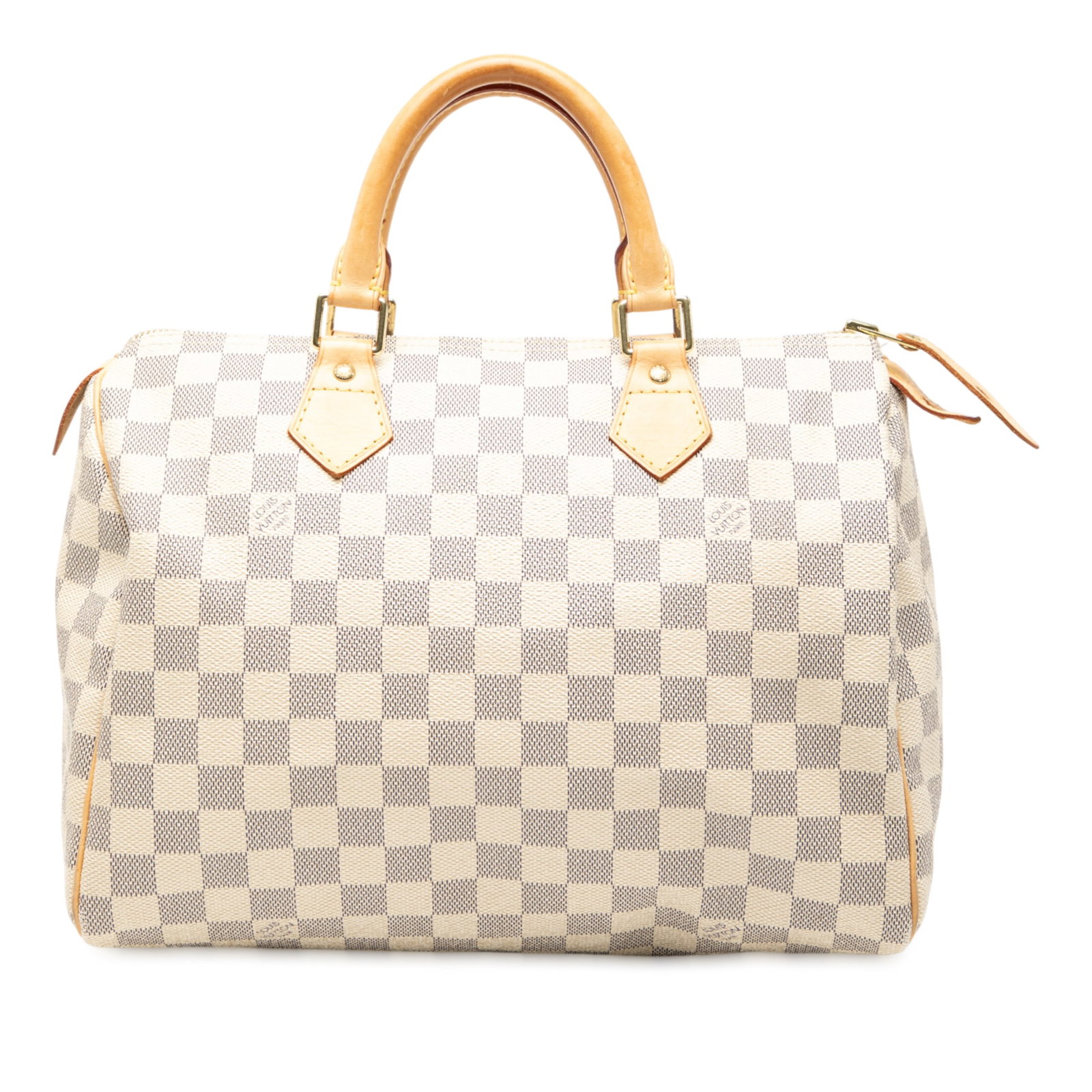 Damier Azur Speedy 30 Handbag by Louis Vuitton with Canvas and Leather: Damier Azur Speedy 30 Handbag by Louis Vuitton with Canvas and Leather This Louis Vuitton Damier Azur Speedy 30 bag features a durable damier canvas exterior with rolled vachetta leather handles, a to