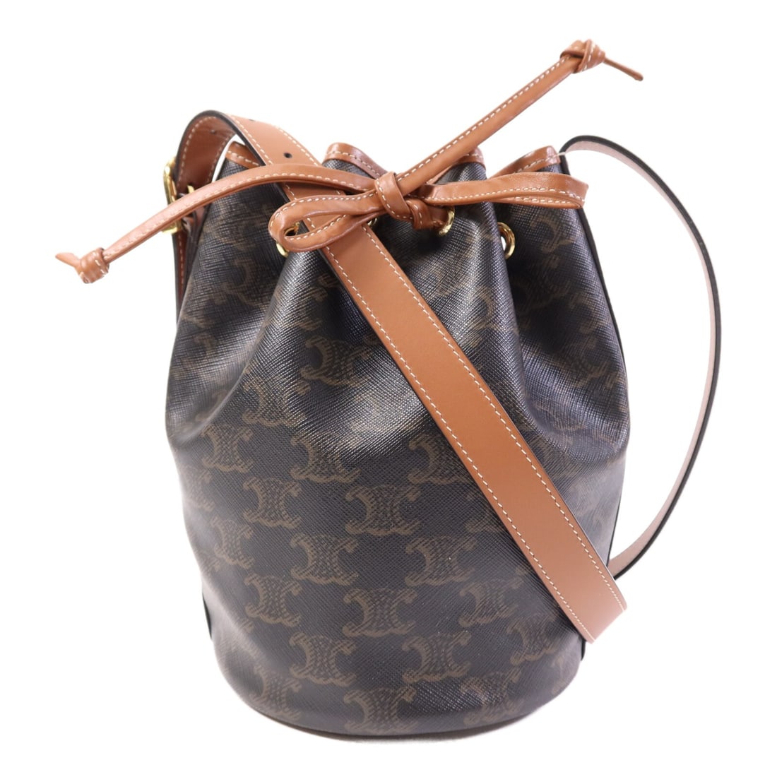 Celine Triomphe Small Brown Coated Canvas Drawstring Shoulder Bag Gold Hardware (1 of 15)