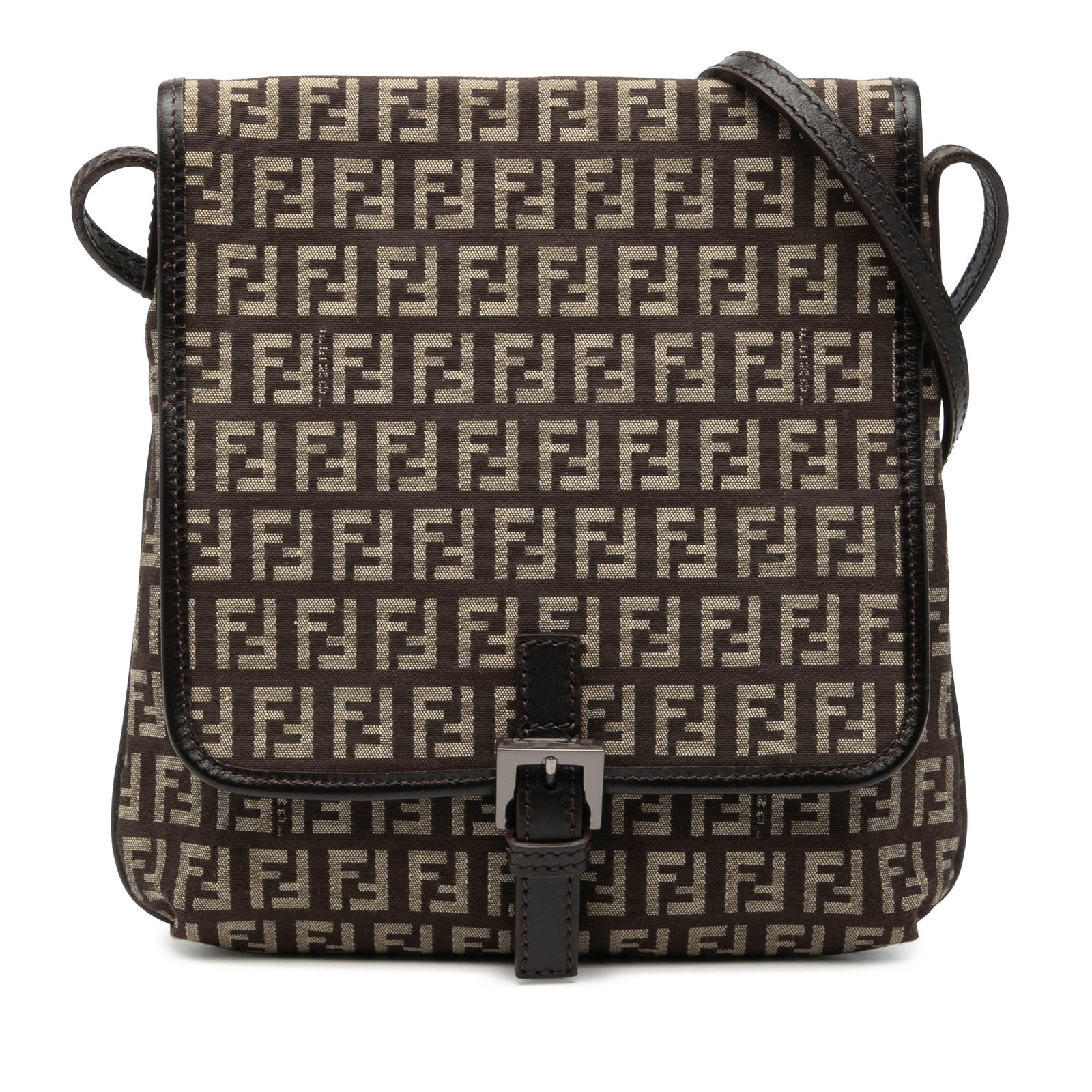 Fendi Zucchino Pattern Brown Canvas Crossbody Bag with Leather Trim: Fendi Zucchino Pattern Brown Canvas Crossbody Bag with Leather Trim This Fendi Zucchino Canvas Crossbody bag features a canvas body with leather trim and an adjustable leather shoulder strap. It is de