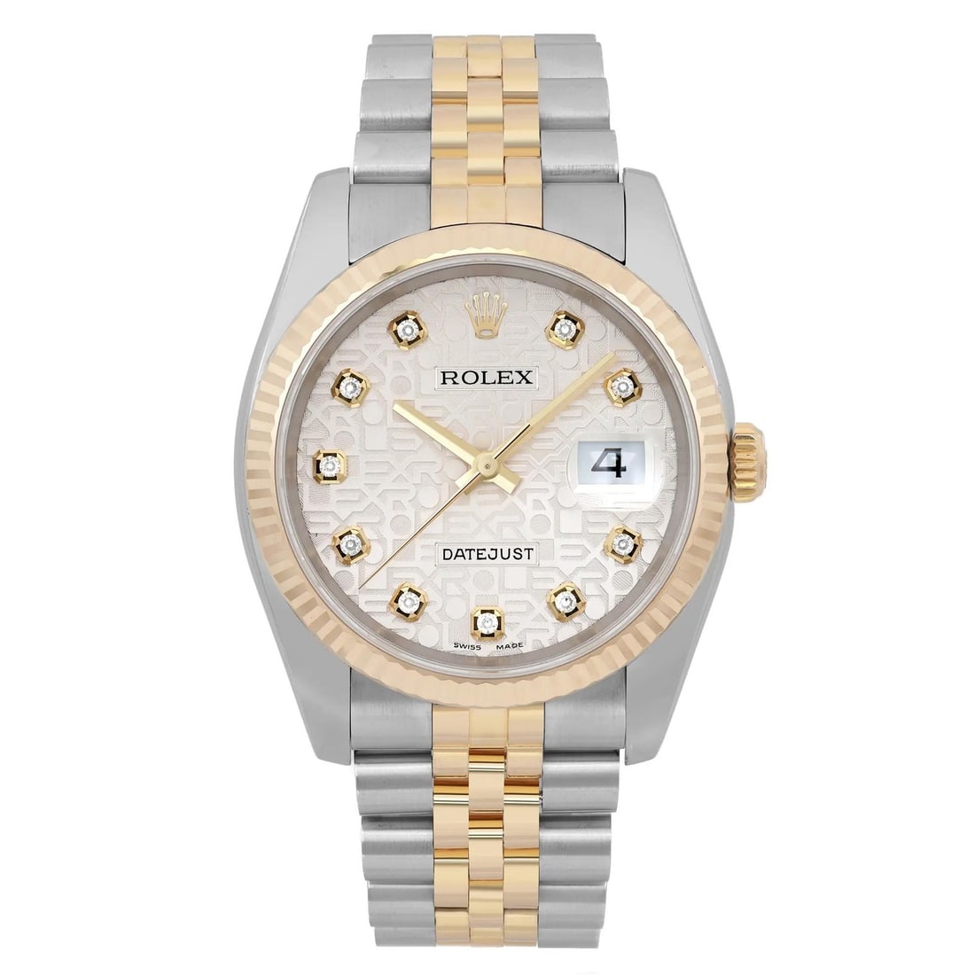 Rolex Datejust 18k Gold Steel Diamond Dial Automatic Watch 116233: Rolex Datejust 18k Gold Steel Diamond Dial Automatic Watch 116233 The Rolex Datejust is a luxurious wristwatch that combines elegance and functionality. This model features an 18k yellow gold and stai