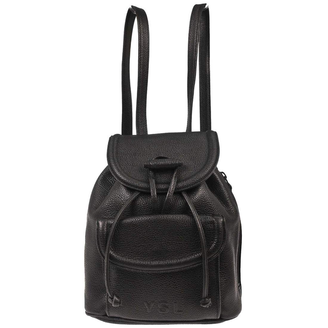Yves Saint Laurent Medium Black Leather Backpack Bag with Logo Accent: Yves Saint Laurent Medium Black Leather Backpack Bag with Logo Accent This black leather backpack features a medium size and a sleek design with the Yves Saint Laurent logo accent. Designed for casual