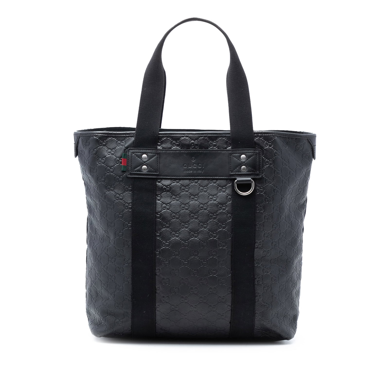 Gucci Guccissima Embossed Leather Tote with Web Detail Black: Gucci Guccissima Embossed Leather Tote with Web Detail Black This Guccissima Web Tote features an embossed leather body with web detail, flat canvas straps, an open top with snap button closure, and i