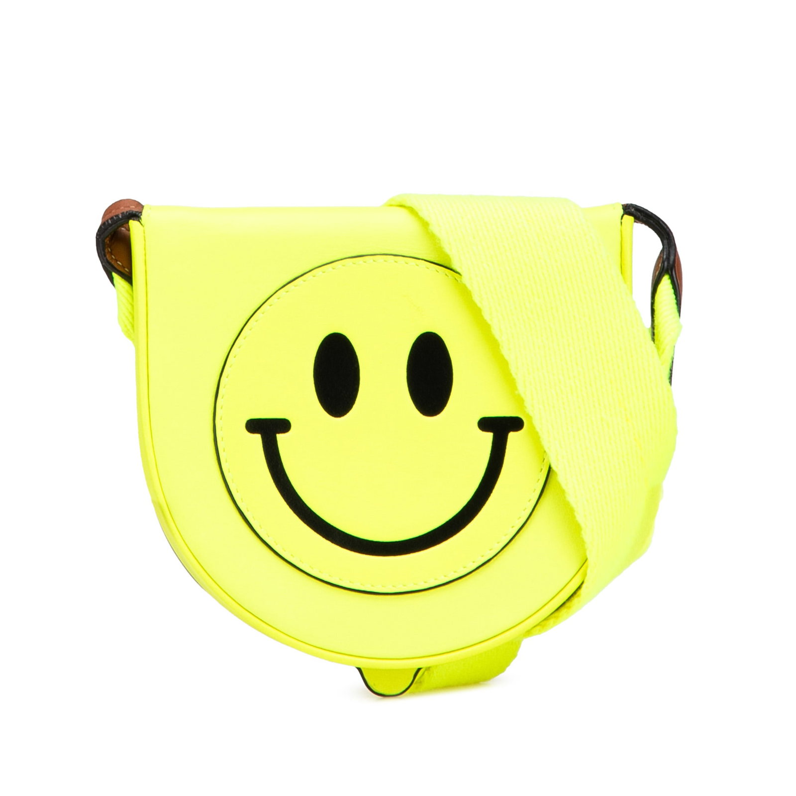 LOEWE Yellow Leather Smiley Heel Crossbody Bag with Card Slots: LOEWE Yellow Leather Smiley Heel Crossbody Bag with Card Slots Introducing the Small Smooth Calfskin Smiley Heel Crossbody, a chic accessory that effortlessly combines style and functionality. Crafted