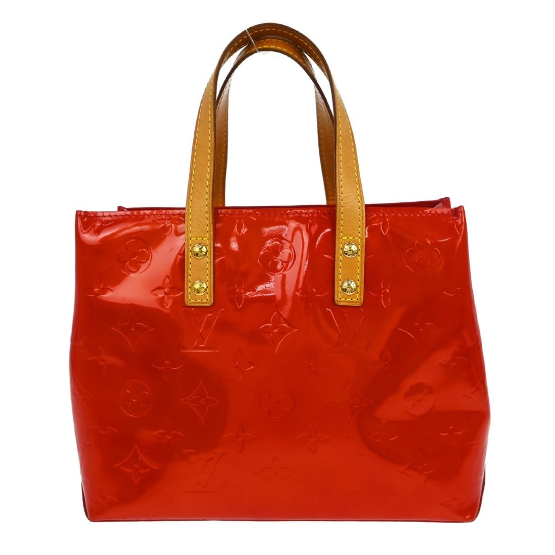Louis Vuitton Reade PM Red Patent Leather Monogram Tote Bag M91088: Louis Vuitton Reade PM Red Patent Leather Monogram Tote Bag M91088 This Louis Vuitton Reade PM tote handbag features a striking red Monogram Vernis patent leather exterior with beige double handles an