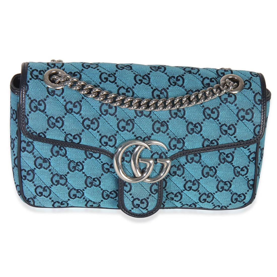 Blue GG Marmont Small Canvas Crossbody Shoulder Bag by Gucci: Blue GG Marmont Small Canvas Crossbody Shoulder Bag by Gucci This Gucci Small GG Marmont Bag features a blue GG canvas exterior with silver-tone hardware. Designed for versatile wear, it can be styled