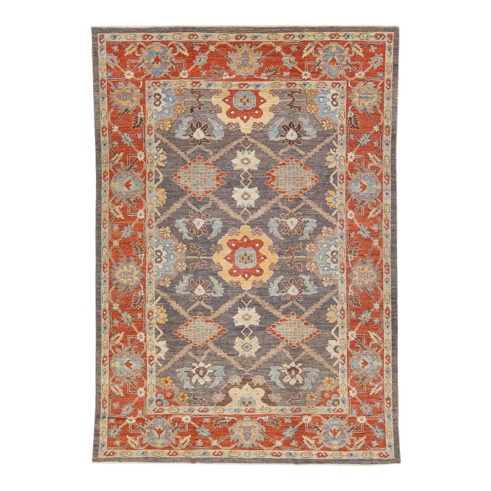Handmade Gray and Rust Wool Sultanabad Rug with Floral Motif 8'3 x 12': Handmade Gray and Rust Wool Sultanabad Rug with Floral Motif 8'3 x 12' Enhance your living space with this stunning modern Sultanabad hand-knotted wool rug. Featuring a sophisticated gray color field,