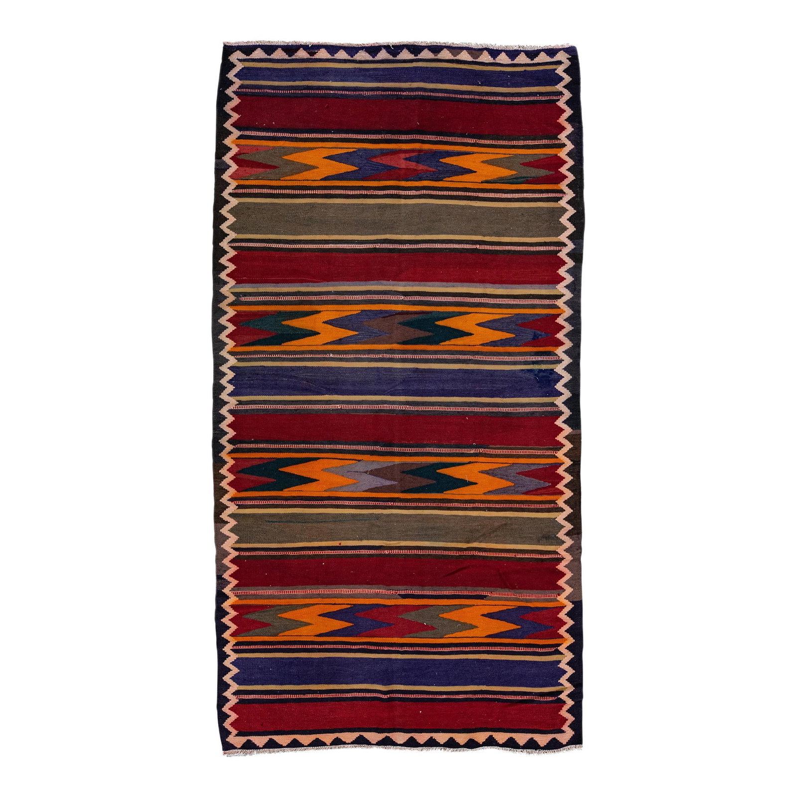 Vintage Handmade Wool Kilim Runner Red Striped Design 5'8 x 10'7: Vintage Handmade Wool Kilim Runner Red Striped Design 5'8 x 10'7 This stunning vintage kilim handmade wool runner showcases a vibrant red field adorned with all-over stripes in shades of orange, purpl