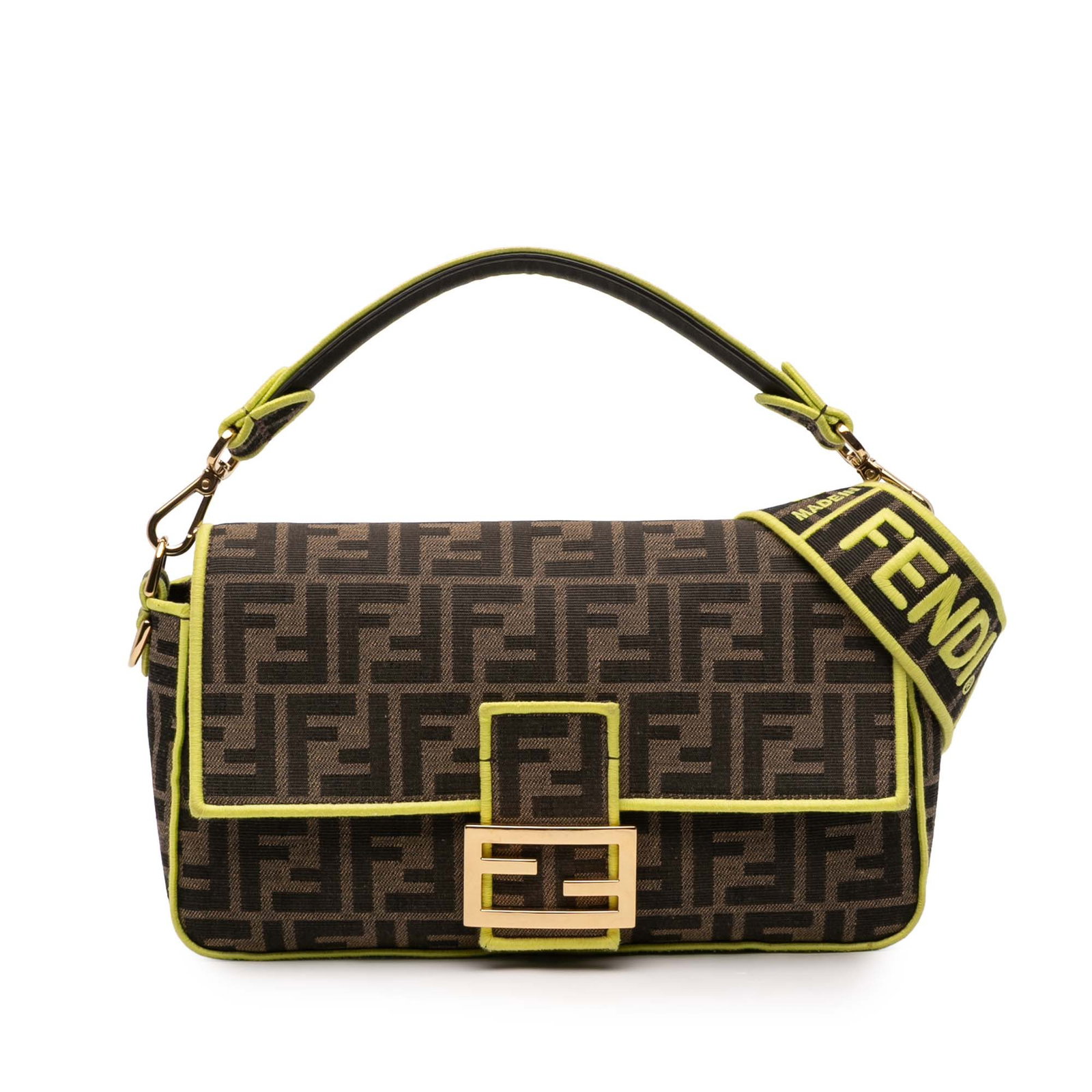 Fendi Zucca Baguette Satchel Embroidered Canvas Brown: Fendi Zucca Baguette Satchel Embroidered Canvas Brown Introducing the Fendi Zucca Embroidered Canvas Baguette Satchel, a stylish and functional accessory crafted in Italy. This exquisite bag features