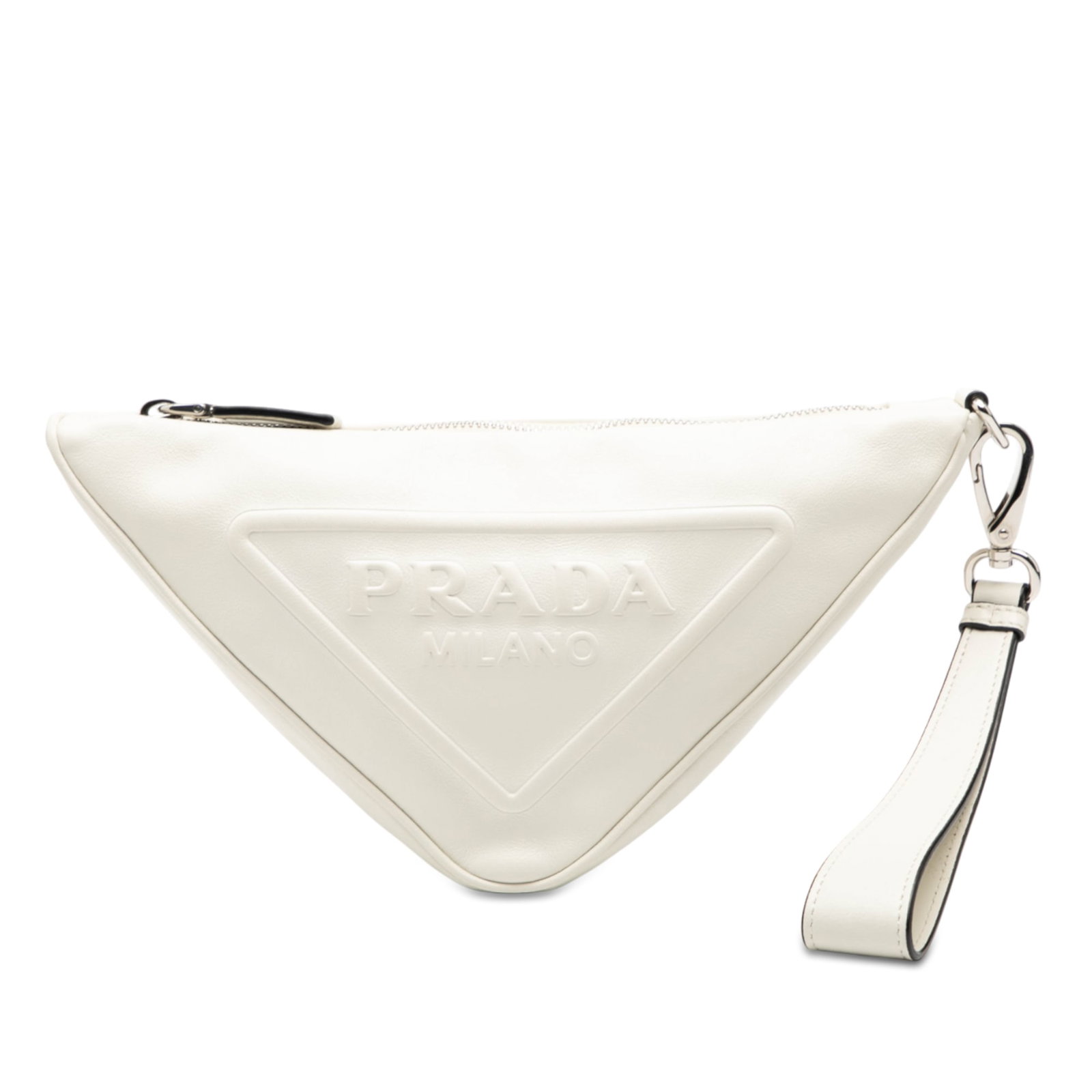 White Leather Prada Grace Lux Triangle Clutch Bag With Wrist Strap (1 of 7)