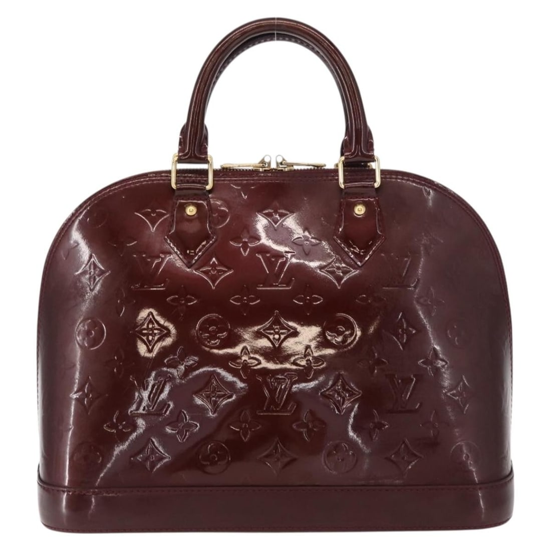 Louis Vuitton Burgundy Patent Leather Alma Bag France 32cm: Louis Vuitton Burgundy Patent Leather Alma Bag France 32cm This Louis Vuitton Alma handbag is crafted from patent leather in a rich burgundy color. Designed for women, it features a structured silhoue