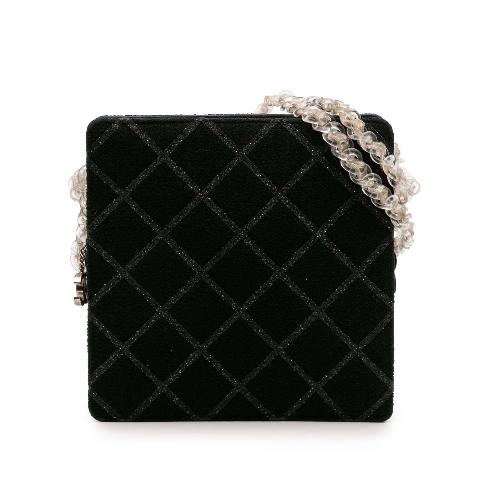 Chanel Black Tweed Resin Chain Shopping Bag: Chanel Black Tweed Resin Chain Shopping Bag Elevate your fashion with the Chanel Tweed and Resin Zipped Chain Shopping Bag. This chic shoulder bag showcases a beautifully crafted tweed body complement
