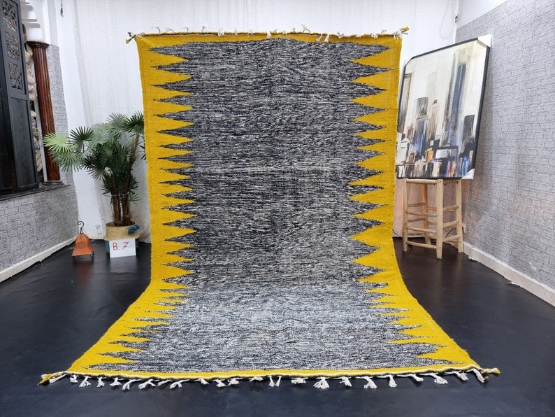 Elegant Handmade Moroccan Berber Wool Rug Grey Yellow 8 x 5 Feet: Elegant Handmade Moroccan Berber Wool Rug Grey Yellow 8 x 5 Feet Enhance your space with this stunning Grey & Yellow Handmade Moroccan Berber Wool Rug. Crafted with care by local Berber women weavers