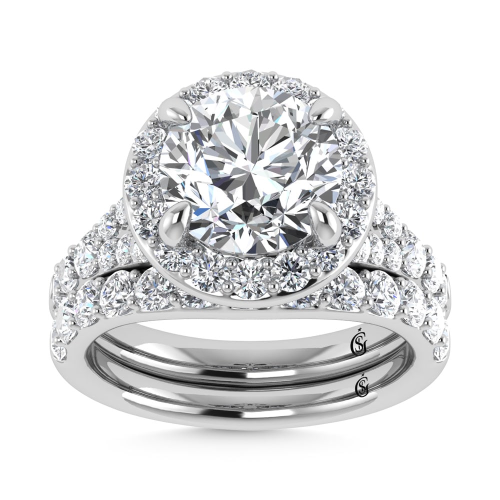 14K White Gold 4 7/8 Ct.Tw. Lab Grown Diamond Bridal Ring (IGI Certified Center 3ct): 14K White Gold 4 7/8 Ct.Tw. Lab Grown Diamond Bridal Ring (IGI Certified Center 3ct) 14k White Gold Stone Color: D-f Stone Clarity: Vs Each ring is presented in standard size 6.5. Complimentary resizi
