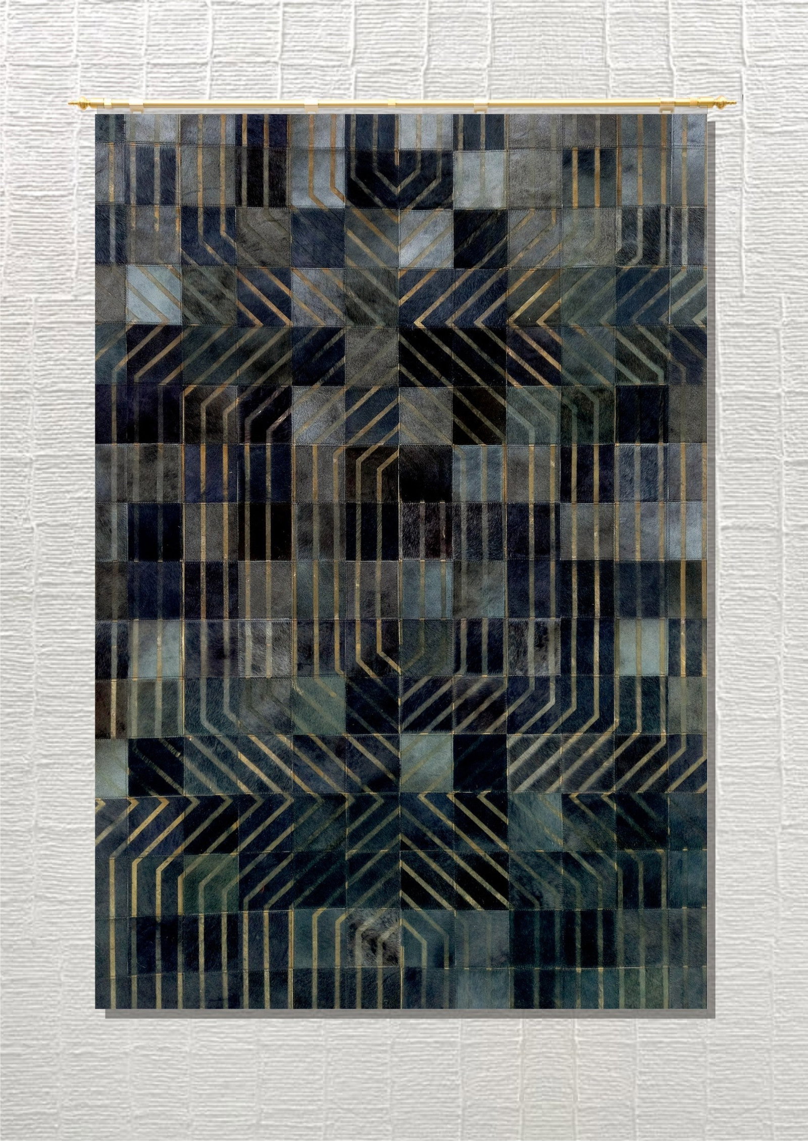 Handmade Chevron Patchwork Cowhide Leather Rug Midnight Slate Gold 3FT x 5FT: Handmade Chevron Patchwork Cowhide Leather Rug Midnight Slate Gold 3FT x 5FT Free continental US Shipping This handmade area rug showcases a geometric chevron patchwork design crafted from 100% genuin
