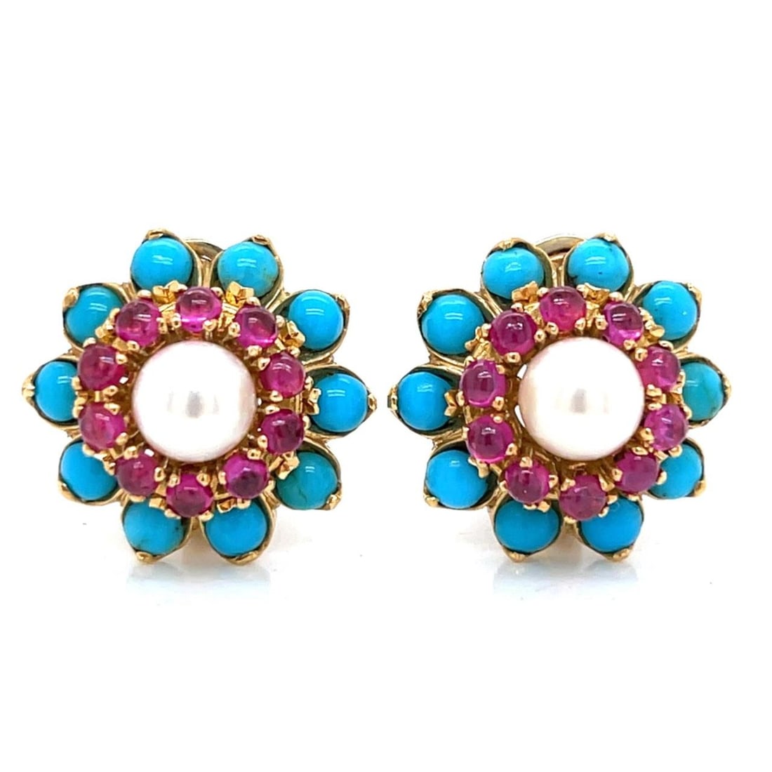 French 18K Yellow Gold Ruby Pearl Turquoise Earrings 0.75 Inches: French 18K Yellow Gold Ruby Pearl Turquoise Earrings 0.75 Inches These exquisite French earrings are crafted in 18K yellow gold and feature a stunning combination of gemstones. Set with 20 vibrant rub