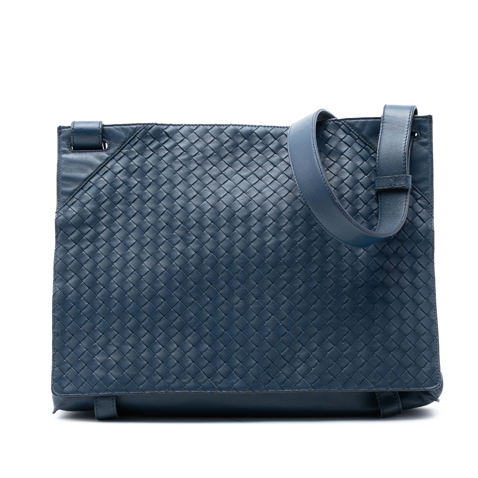 Blue Bottega Veneta Nappa Intrecciato Leather Flap Crossbody Bag: Blue Bottega Veneta Nappa Intrecciato Leather Flap Crossbody Bag This Bottega Veneta Nappa Intrecciato Flap Crossbody bag features a woven blue leather body, an adjustable flat leather strap, a flap w
