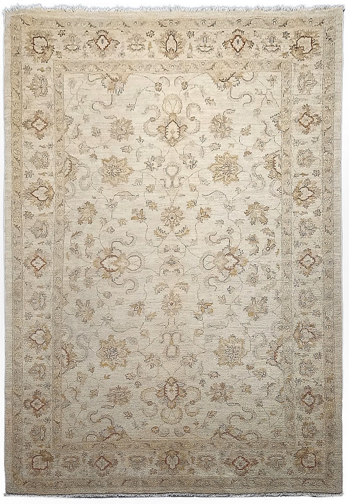 5.9 x 8 Chobi Peshawar Ghazni Wool Area Rug Handwoven in Light Beige (1 of 9)