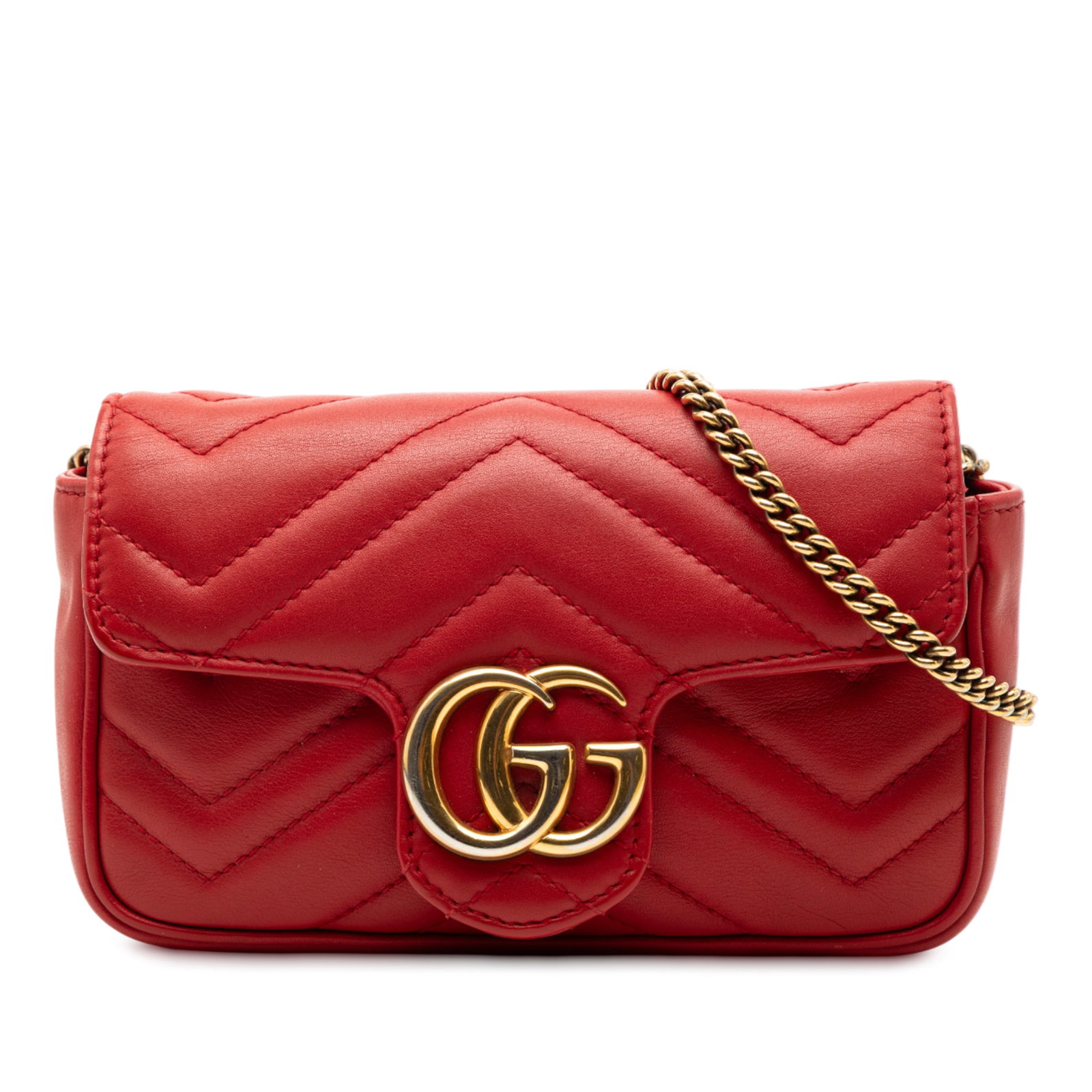 Mini GG Marmont Matelasse Red Leather Crossbody Bag by Gucci: Mini GG Marmont Matelasse Red Leather Crossbody Bag by Gucci This Gucci Mini GG Marmont Matelasse crossbody bag features a quilted leather exterior in red, a chain link shoulder strap, and a flap with
