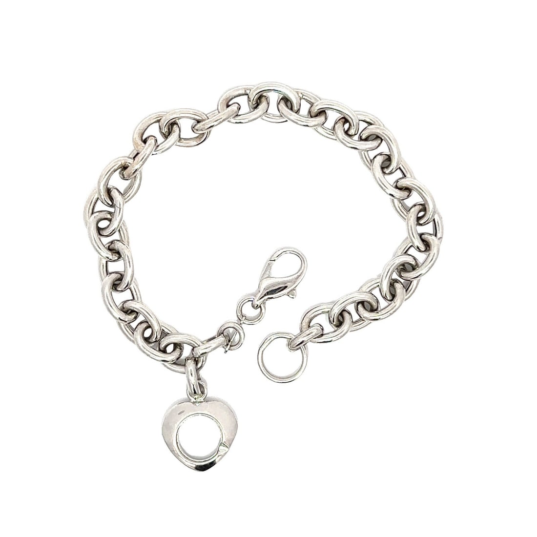 14K White Gold Open Oval Link Bracelet with Heart Charm: 14K White Gold Open Oval Link Bracelet with Heart Charm This exquisite 14K White Gold Polished Open Puffed Oval Link Chain Bracelet features a charming open heart dangle charm, making it a perfect acc