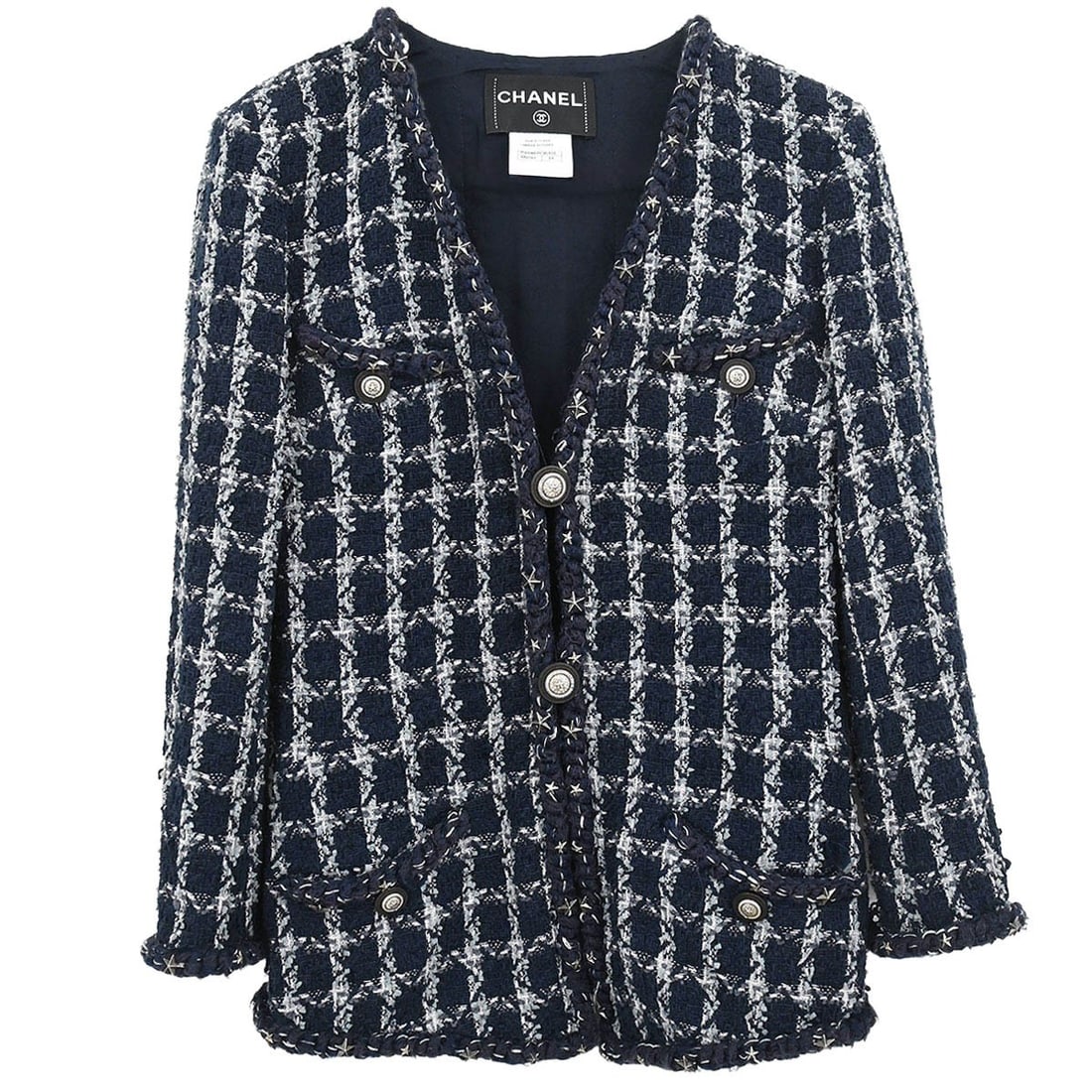 Chanel Navy Tweed Collarless Mid-Length Jacket Size 34 (1 of 12)