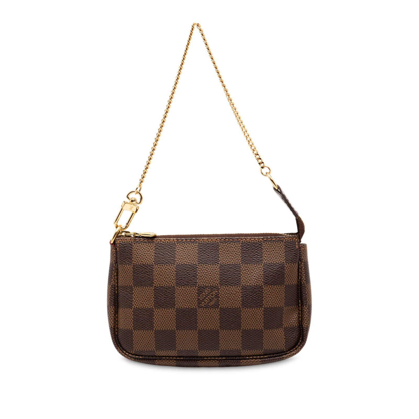 Louis Vuitton Mini Damier Ebene Canvas Pouch with Chain Handle: Louis Vuitton Mini Damier Ebene Canvas Pouch with Chain Handle This Louis Vuitton Mini Pochette Accessoires showcases the iconic Damier Ebene canvas with a chain link handle and a top zip closure. The