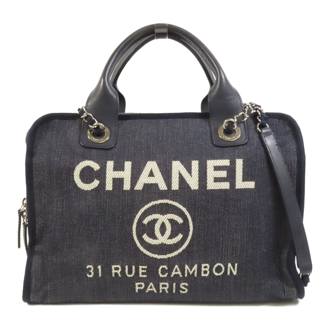 CHANEL Deauville Navy Canvas Tote with Silver Chain Shoulder Straps (1 of 15)