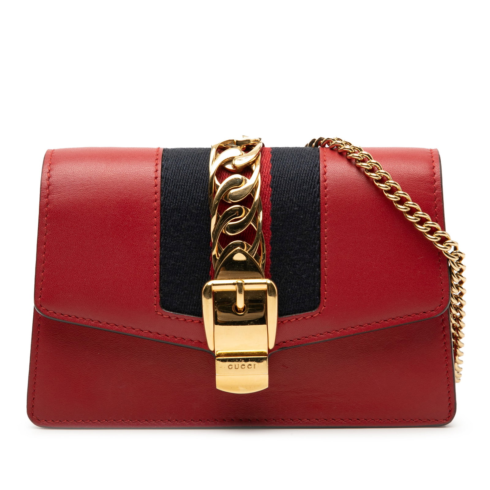 Gucci Sylvie Super Mini Red Leather Chain Strap Crossbody Bag: Gucci Sylvie Super Mini Red Leather Chain Strap Crossbody Bag This Sylvie Super Mini Chain Crossbody features a red leather body, a chain link strap, and a front flap with a push lock closure. The bag