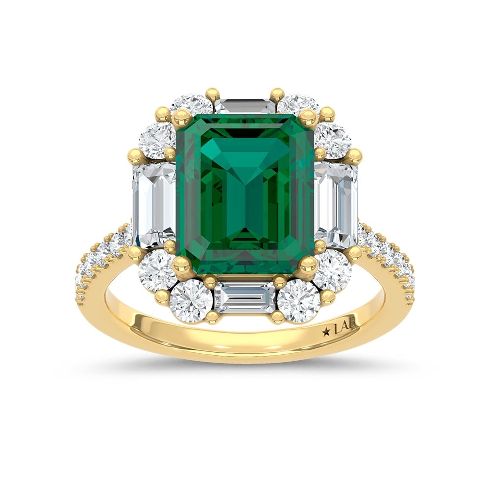 14K Yellow Gold Lab Grown Diamond 4 3/8 Ct.Tw. Cushion Shape Recrystalized Emerald Engagement Ring: 14K Yellow Gold Lab Grown Diamond 4 3/8 Ct.Tw. Cushion Shape Recrystalized Emerald Engagement Ring (Center 3 ct) Celebrate refined elegance with this 14K yellow gold engagement ring, featuring a radia