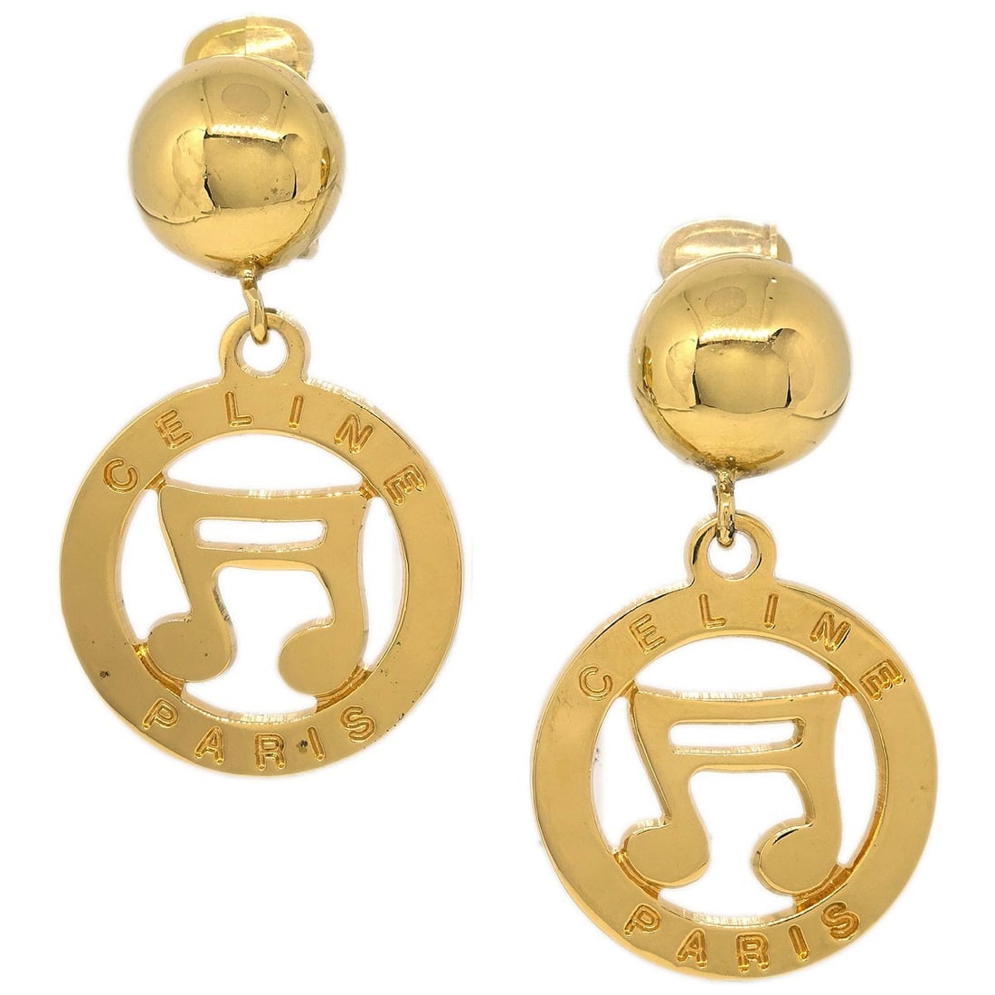 Celine Gold Clip-On Dangle Earrings Limited Edition: Celine Gold Clip-On Dangle Earrings Limited Edition Elevate your accessories collection with these stunning Celine Dangle Earrings. Crafted in a luxurious gold tone, these earrings feature a dangle/dr