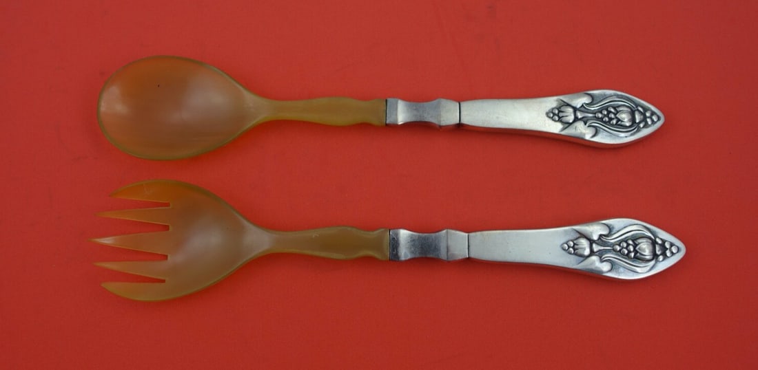 Georg Jensen Fuchsia Sterling Silver Salad Serving Set 9 1/8" (1 of 2)