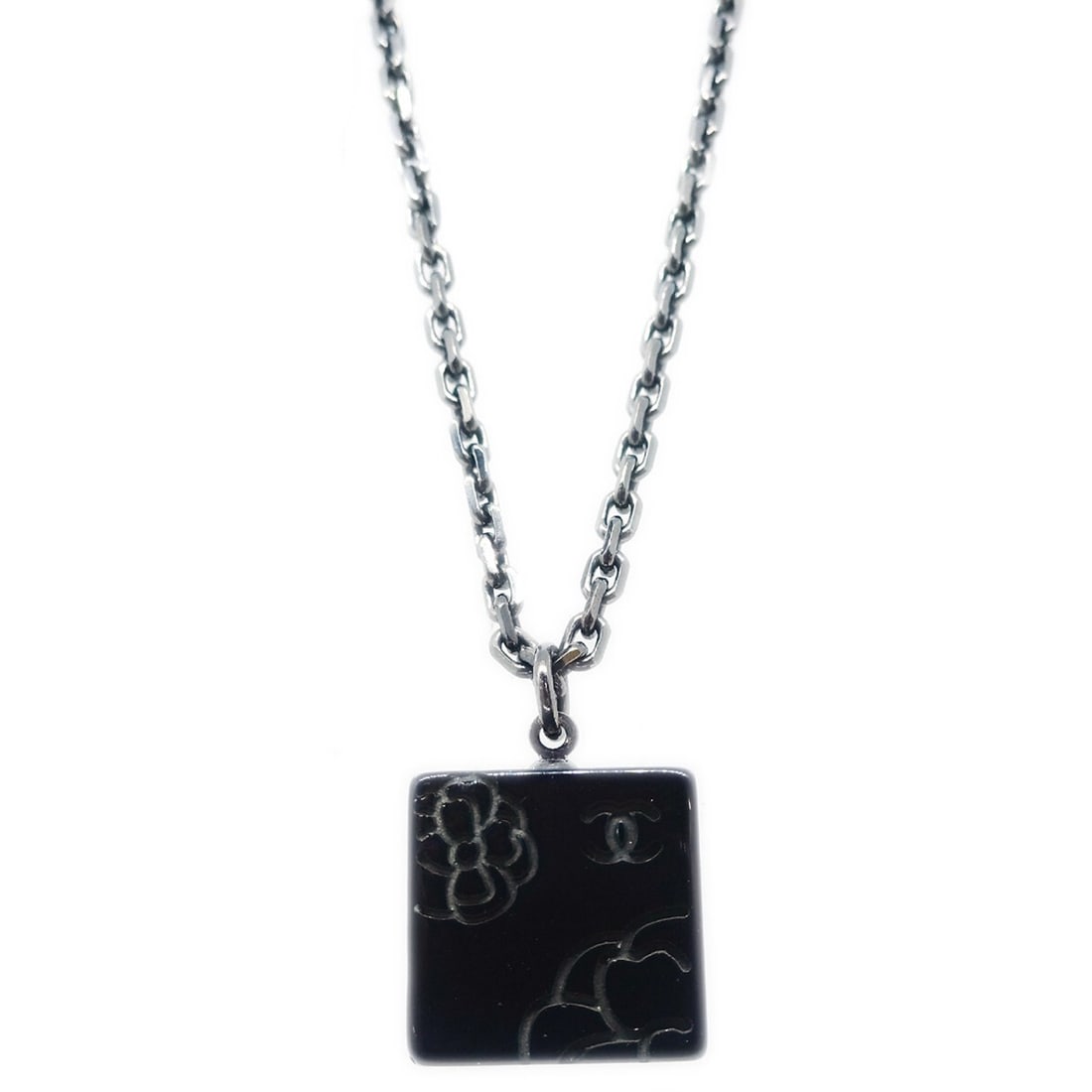 Chanel 02A Silver Plated Black Square Pendant Necklace (1 of 4)
