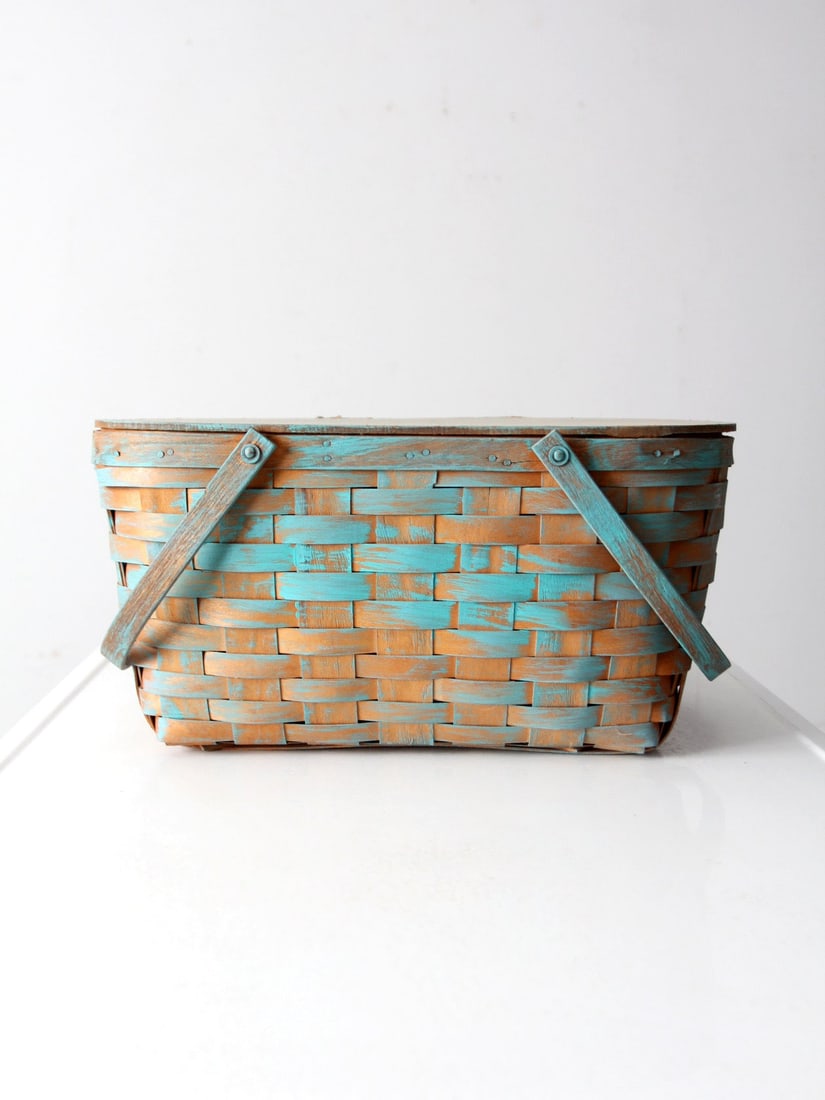 Vintage Splint Weave Picnic Basket with Turquoise Accents (1 of 10)