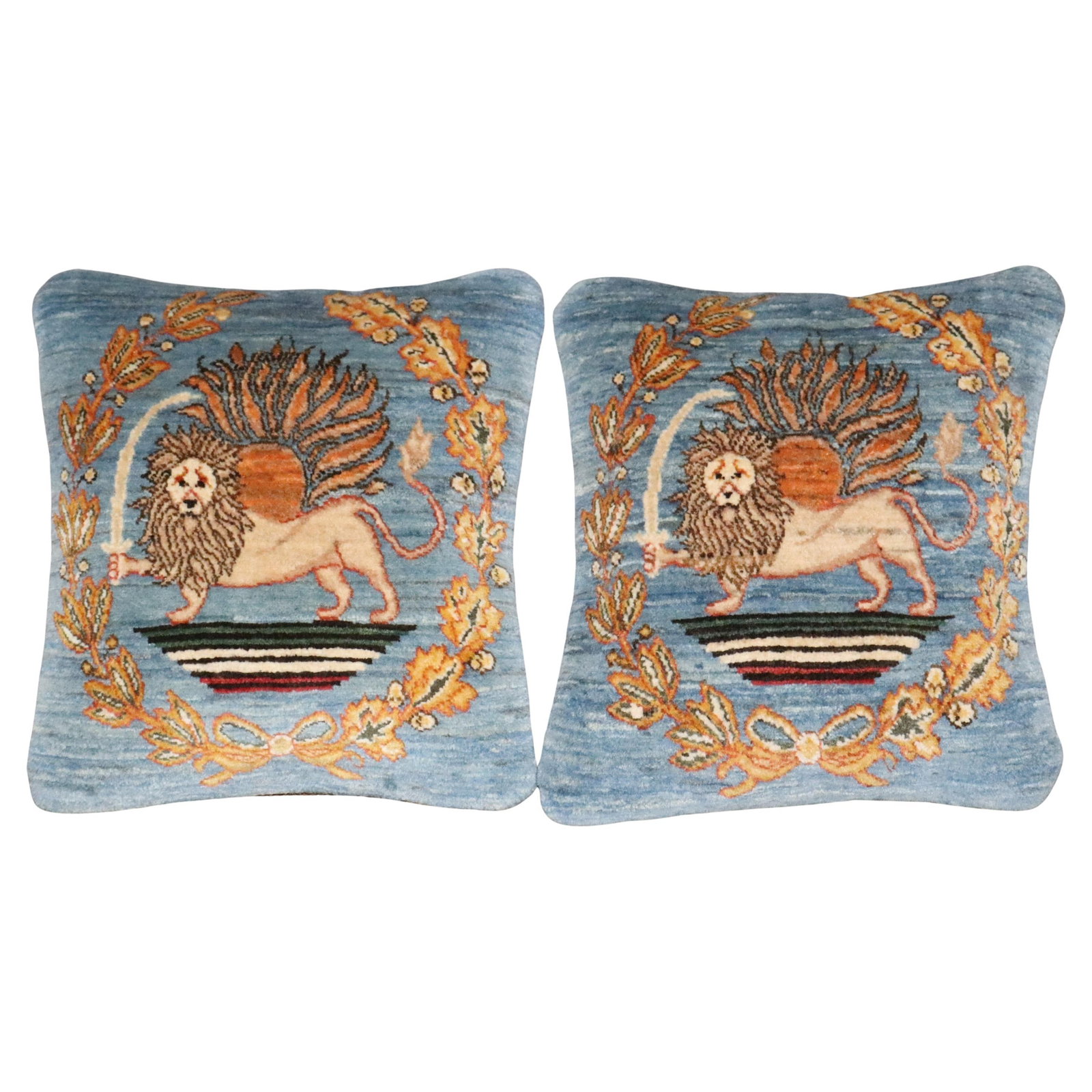 Set of Two Wool Lion Pillows with Persian Heraldic Design Mid-Century (1 of 5)
