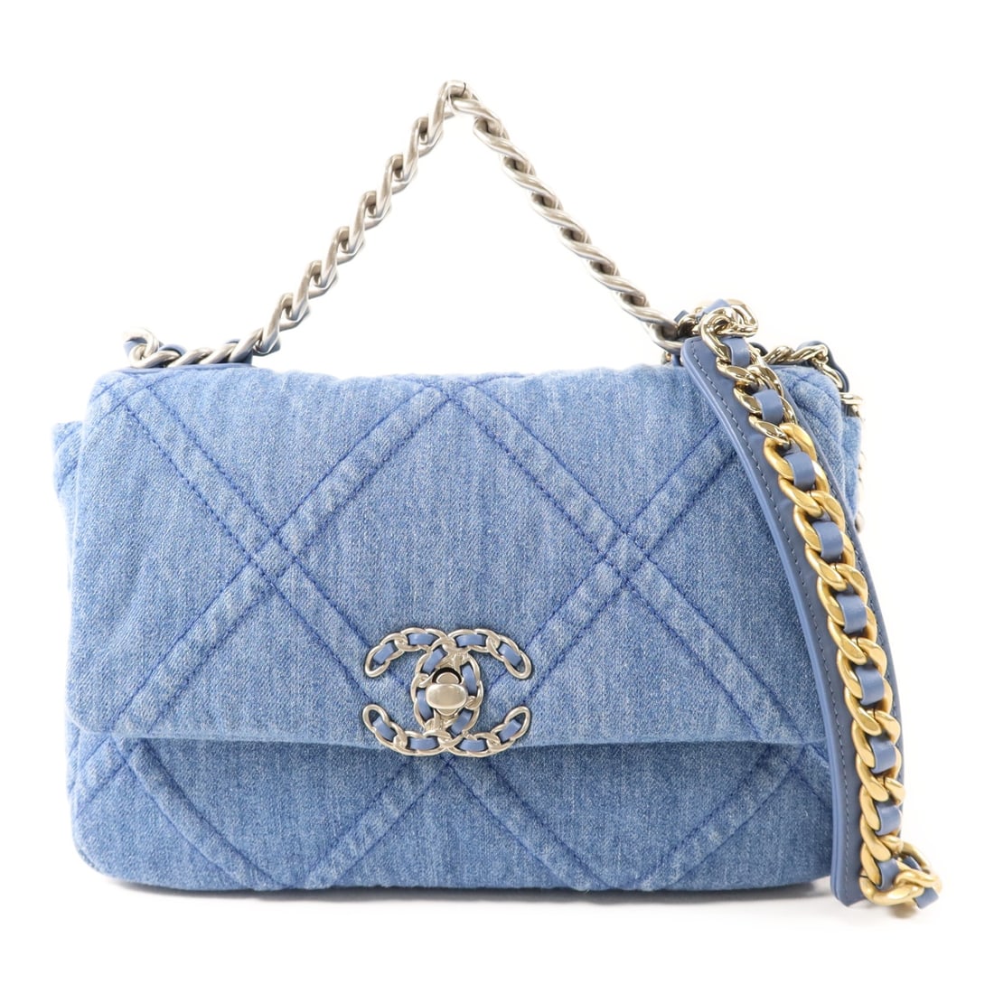 Chanel 19 Denim Blue Convertible Shoulder Bag AS1160: Chanel 19 Denim Blue Convertible Shoulder Bag AS1160 This Chanel 19 2-way shoulder handbag is crafted from blue denim and features the signature CC logo. Designed for versatile wear, it can be styled