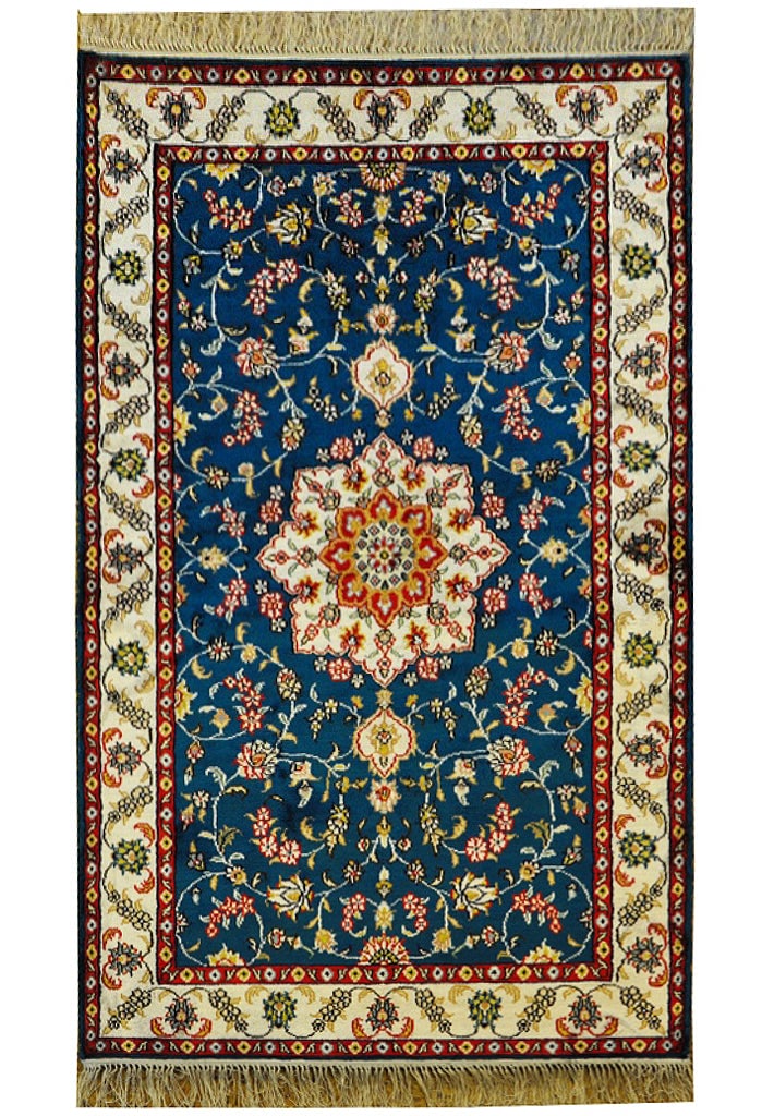 3' x 5' Traditional Hand-Knotted Silk Rug in Blue and Ivory: 3' x 5' Traditional Hand-Knotted Silk Rug in Blue and Ivory Free continental US Shipping Transform your living space with this stunning 3' x 5' Traditional Hand-Knotted Silk Rug. Crafted by skilled ar